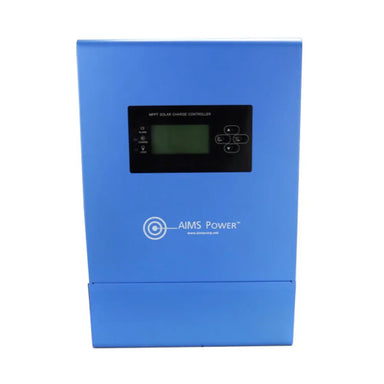 AIMS Power 60A MPPT solar charge controller in blue metal enclosure with front LCD display, control buttons, alarm, charge and load indicators, and AIMS Power logo.