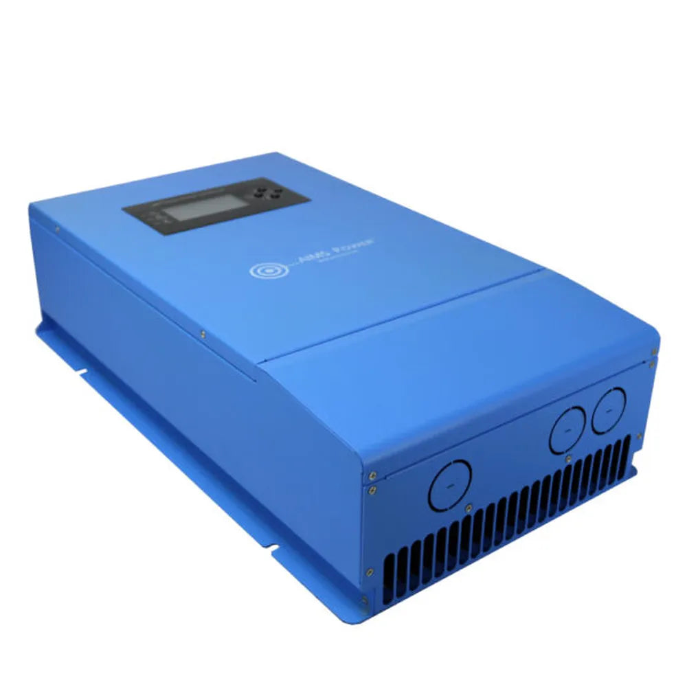 Angled product view of AIMS Power 60A MPPT solar controller with durable blue housing, integrated display panel, side mounting flange, and vented rear section.