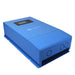 Angled product view of AIMS Power 80A MPPT solar controller with durable blue housing, top display panel, side mounting brackets, and vented rear section.