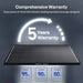 Infographic displaying the Renogy ShadowFlux solar panel warranty coverage, highlighting 95% power output at 5 years, 90% at 10 years, and 80% at 25 years.