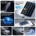 Key features overview chart for Renogy ShadowFlux solar panels including 25% N-type cell efficiency, IP67 waterproofing, and partial shade performance.