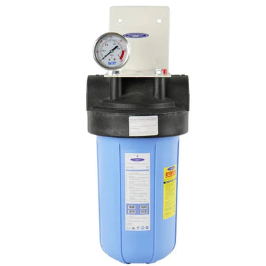 Single canister Crystal Quest SMART Compact water filter with pressure gauge, designed for chlorine and chemical reduction in small homes.