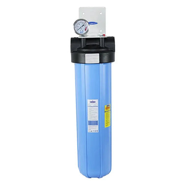 Crystal Quest Single Big Blue Alkalizing Whole House Water Filter with wall-mount bracket and single pressure gauge.