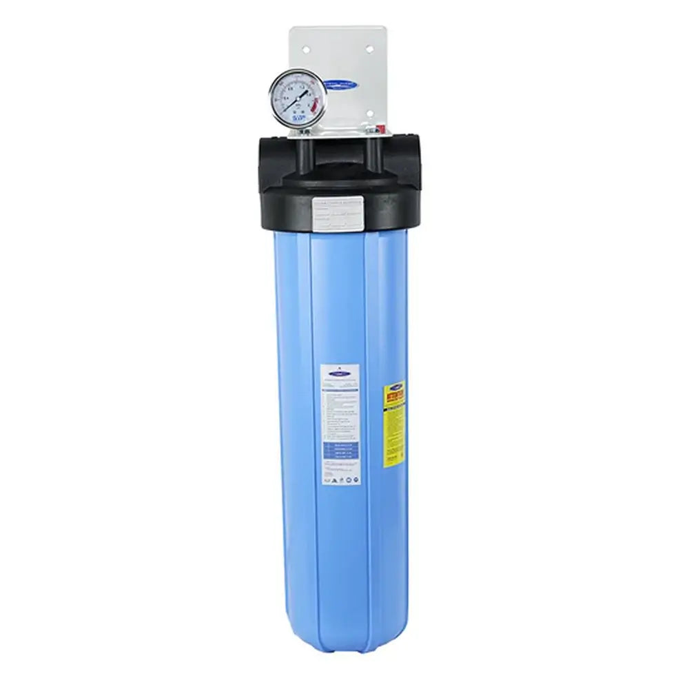 Crystal Quest Big Blue SMART single whole house water filter wall-mount bracket with pressure gauge.