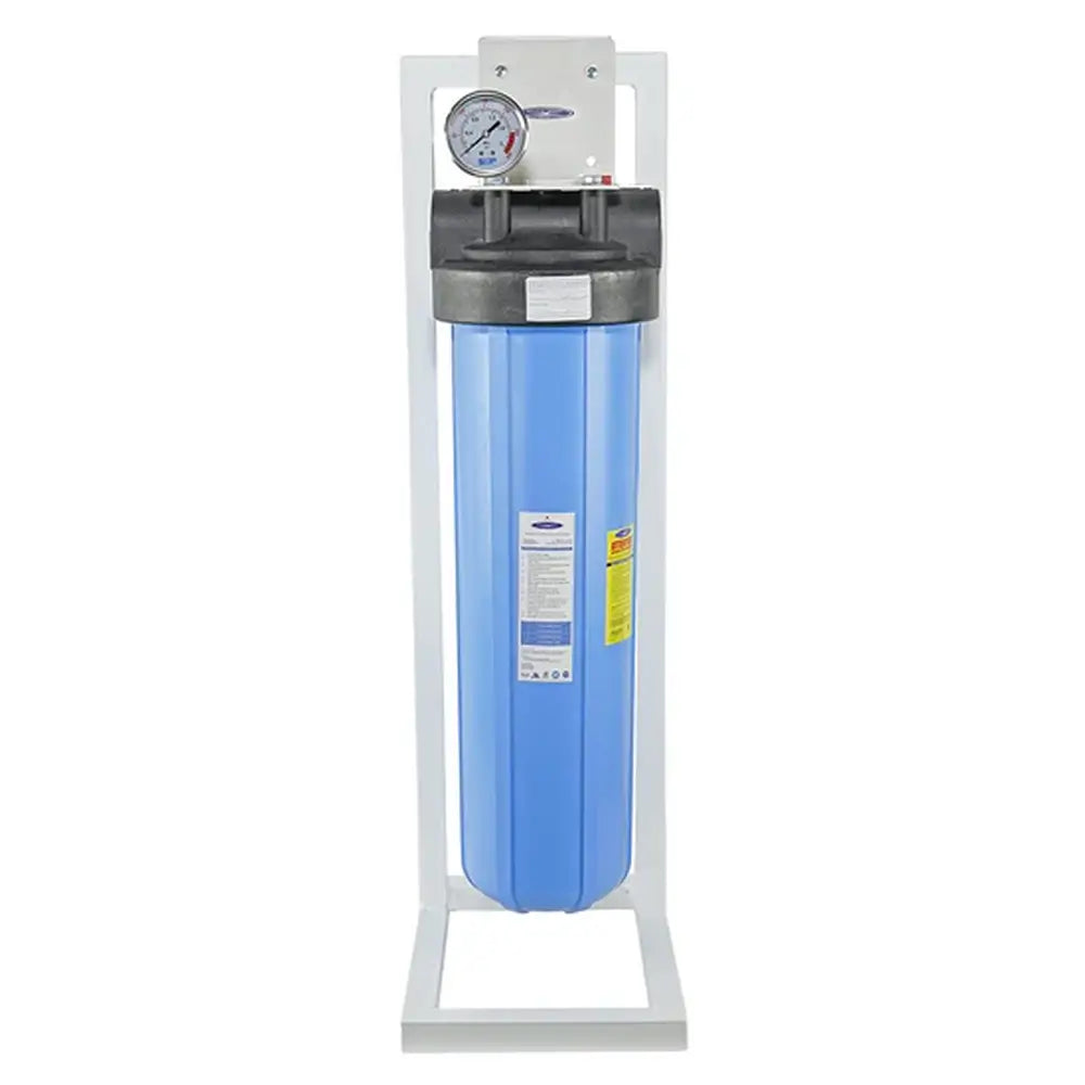 Single Crystal Quest Big Blue SMART whole house water filter system 6-8 GPM on a white metal floor stand.