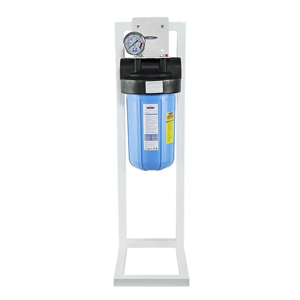 Crystal Quest single stage SMART Compact water filter system mounted on a white floor stand for versatile whole-home installation.