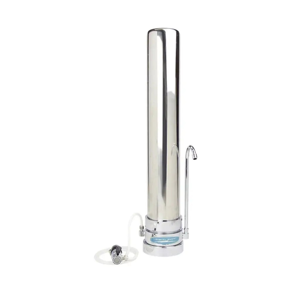 Single canister Crystal Quest 80,000 Gallon Stainless Steel Countertop Water Filter for instant filtered tap water.