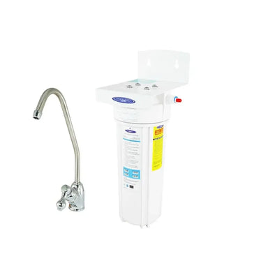 Crystal Quest Single Stage Ceramic Under Sink Water Filter System featuring a compact design and polished chrome faucet.