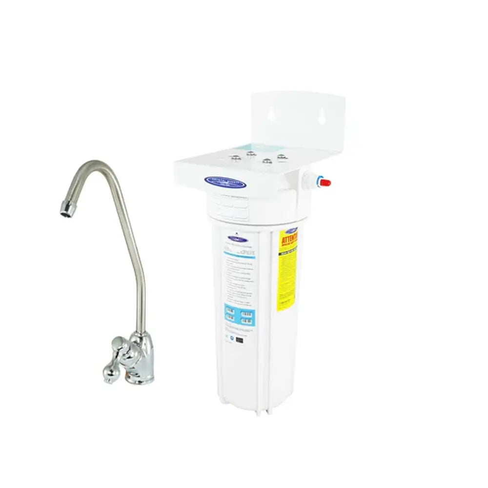 Crystal Quest Single Nitrate Under Sink Water Filtration System with one white filter housing and a long-reach chrome faucet.