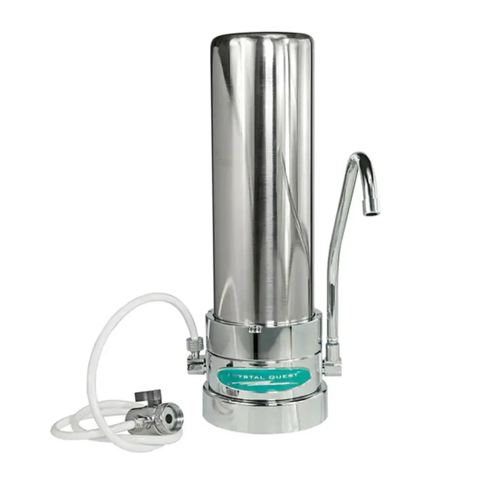 Crystal Quest Single Stainless Steel Arsenic Countertop Water Filter System with chrome faucet and diverter valve.
