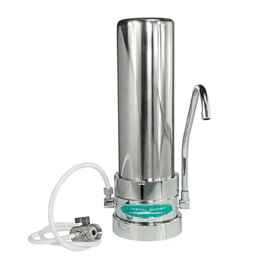 Crystal Quest Single Stainless Steel Arsenic Countertop Water Filter System with chrome faucet and diverter valve.