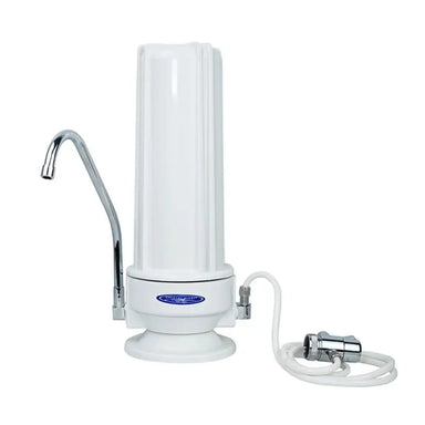 Crystal Quest Single White Polypropylene Ceramic Countertop Water Filter System with faucet diverter valve and tubing.
