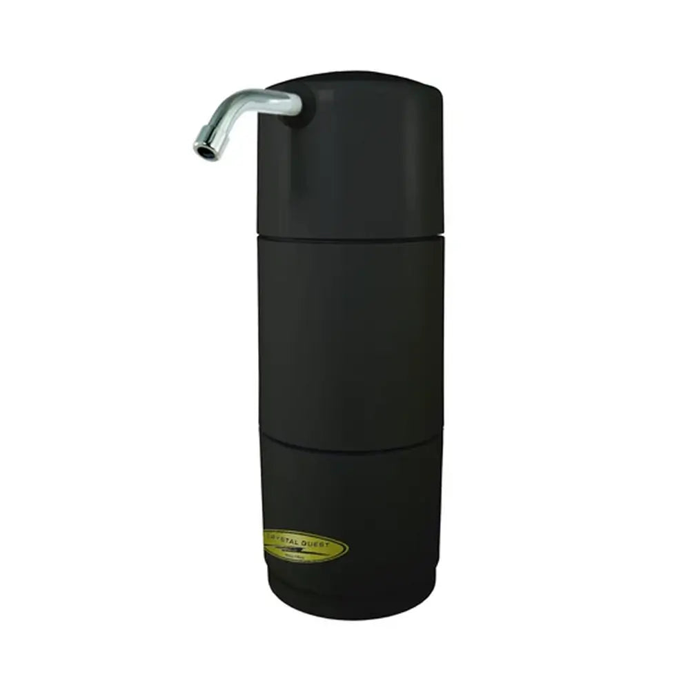 Crystal Quest Smart Plus 10,000 Gallon Classic Countertop Water Filter System in Black with chrome spout.