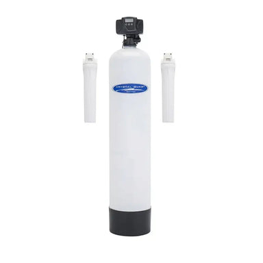 Crystal Quest Radium Uranium whole house filtration system with one white tank and two cartridge filters.