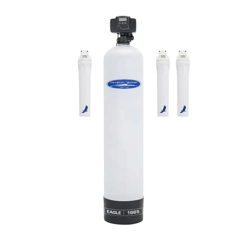 Standalone Crystal Quest Eagle 1665 Fiberglass Whole House Water Filter with digital control valve and 3 external filter cartridges.