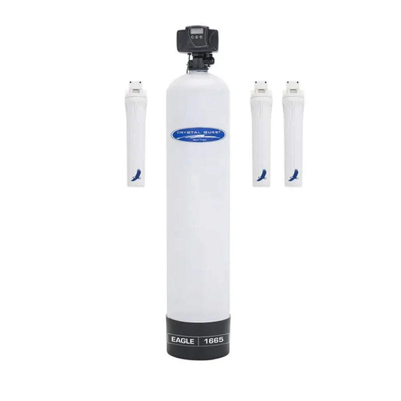 Standalone Crystal Quest Eagle 1665 Fiberglass Whole House Water Filter with digital control valve and 3 external filter cartridges.