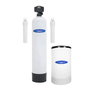 Single-tank Crystal Quest Tannin Whole House Water Filtration System in white with brine tank and dual pre-filtration components.