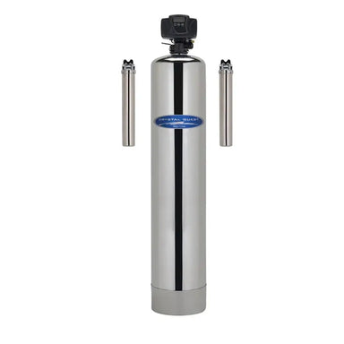 Crystal Quest 1-tank stainless steel fluoride whole house water filter system featuring a sleek design with digital control and dual auxiliary filters.