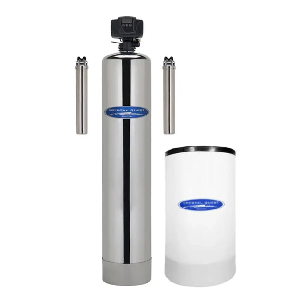 Stainless steel single-tank Crystal Quest Tannin Whole House Water Filtration System with brine tank and wall-mount filters for home use.