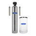Stainless steel single-tank Crystal Quest Tannin Whole House Water Filtration System with brine tank and wall-mount filters for home use.