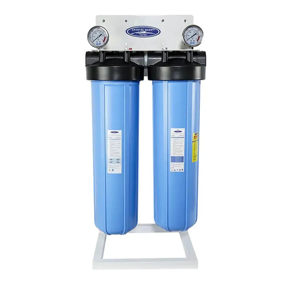 Crystal Quest Double Big Blue Alkalizing Whole House Water Filter 4-6 GPM with white system stand and dual pressure gauges.
