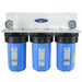Triple stage Crystal Quest SMART Compact Whole House Water Filtration System with dual pressure gauges and wall-mounting plate.