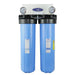 Crystal Quest Double Big Blue Alkalizing Whole House Water Filter with wall-mount bracket and dual pressure gauges.