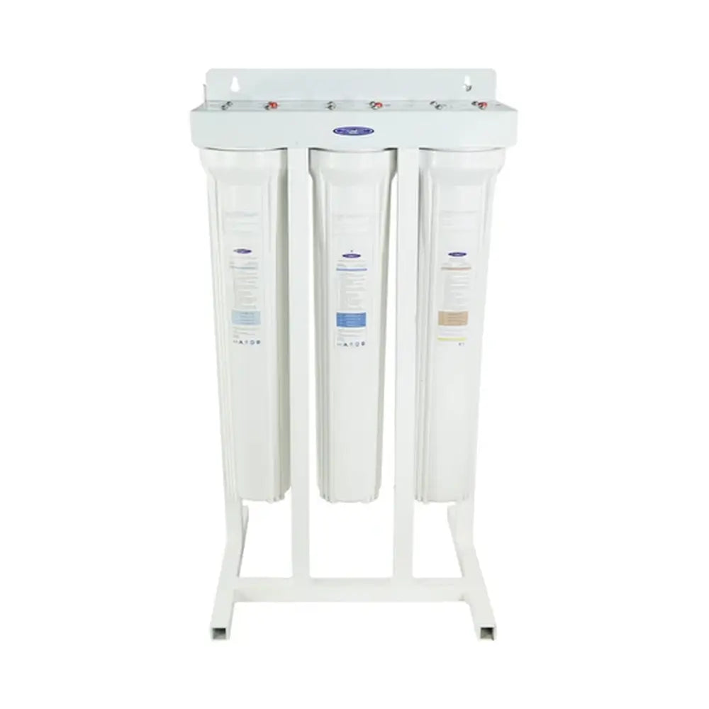 Triple Crystal Quest SMART Mini Whole House Water Filter with floor stand, 3-stage 3-6 GPM filtration.