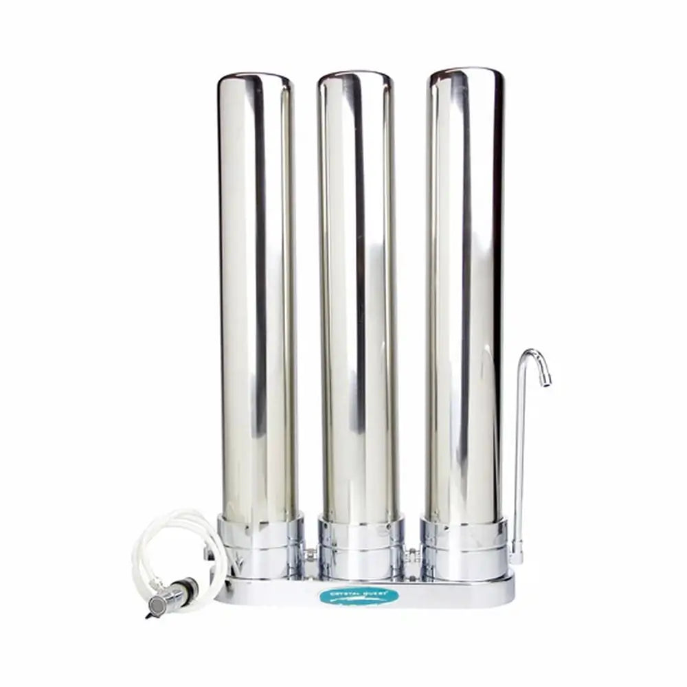 Triple canister Crystal Quest 80,000 Gallon Stainless Steel Countertop Water Filter featuring advanced multi-stage filtration.