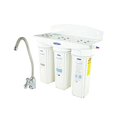 Crystal Quest Triple Stage Ceramic Under Sink Water Filtration System with multi-stage canisters and chrome kitchen faucet.