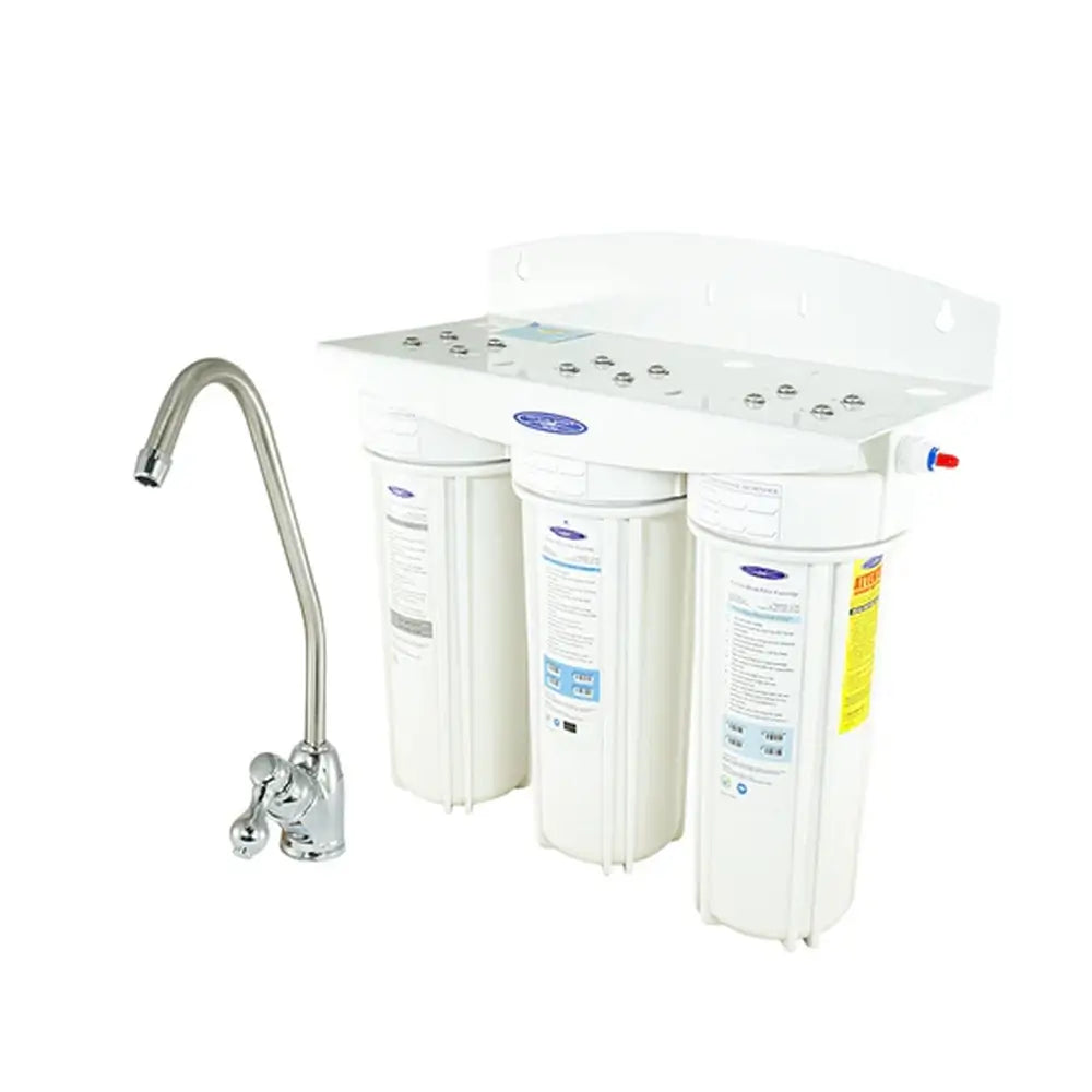 Crystal Quest Triple Nitrate Under Sink Water Filtration System with three white filter housings and a long-reach chrome faucet.