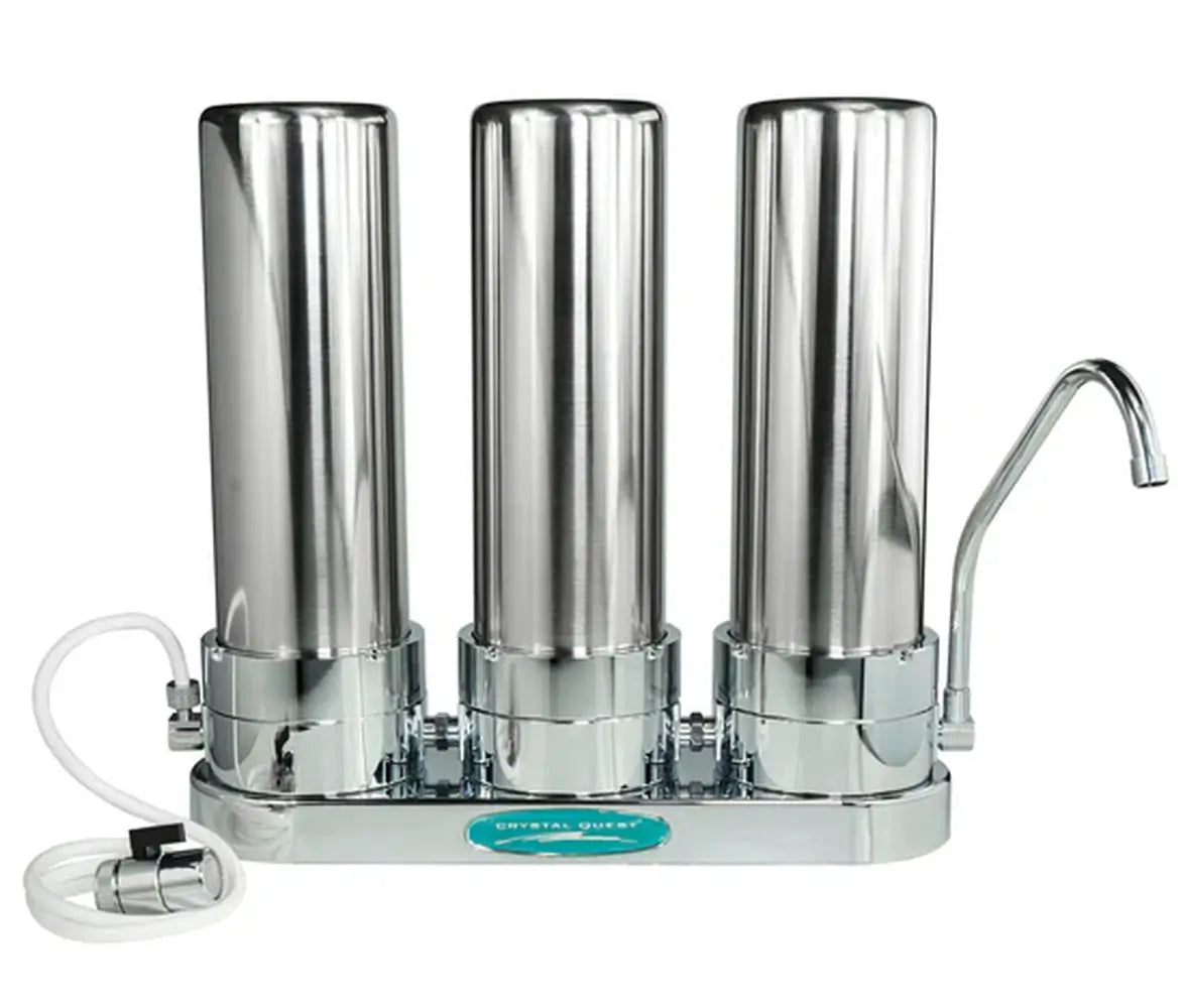 Crystal Quest Triple Stainless Steel Arsenic Countertop Water Filter System with three-stage filtration for heavy-duty arsenic removal.