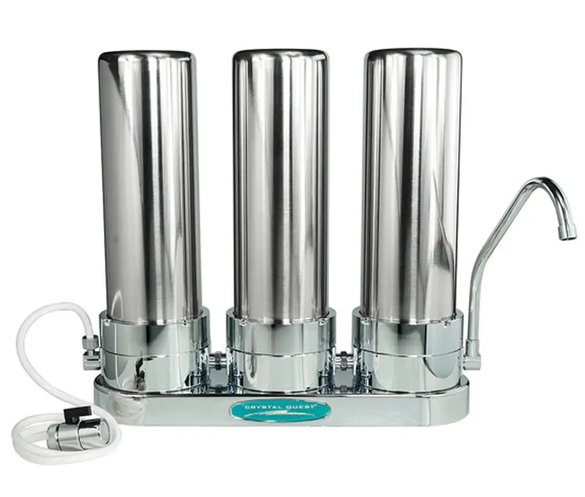 Crystal Quest Triple Stainless Steel Ceramic Countertop Water Filter System with three-stage heavy-duty filtration.