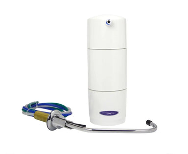 Crystal Quest Classic Under Sink Water Filtration System featuring a white three-stage filter cartridge, multicolored installation tubing, and a chrome long-reach faucet.