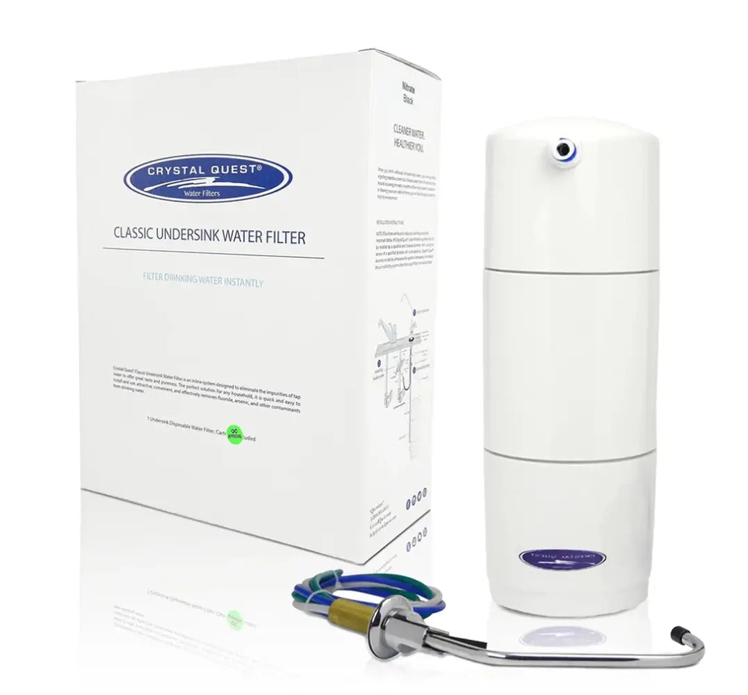 Crystal Quest Classic Under Sink Water Filter kit shown with original retail packaging, white filtration unit, and chrome faucet assembly for home drinking water.