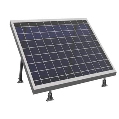 AIMS Power universal solar panel mount supporting a framed photovoltaic panel at an angled tilt, with four adjustable aluminum mounting brackets for off-grid solar panel installation.