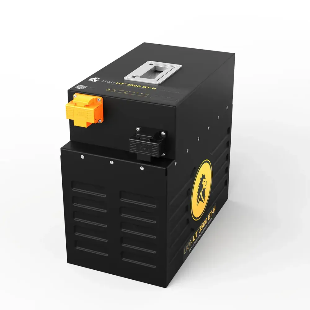 Rear angled product image of Lion Energy UT 3500 BT-H 280Ah battery showing connection ports, top handle, and heavy-duty black metal casing for renewable energy storage