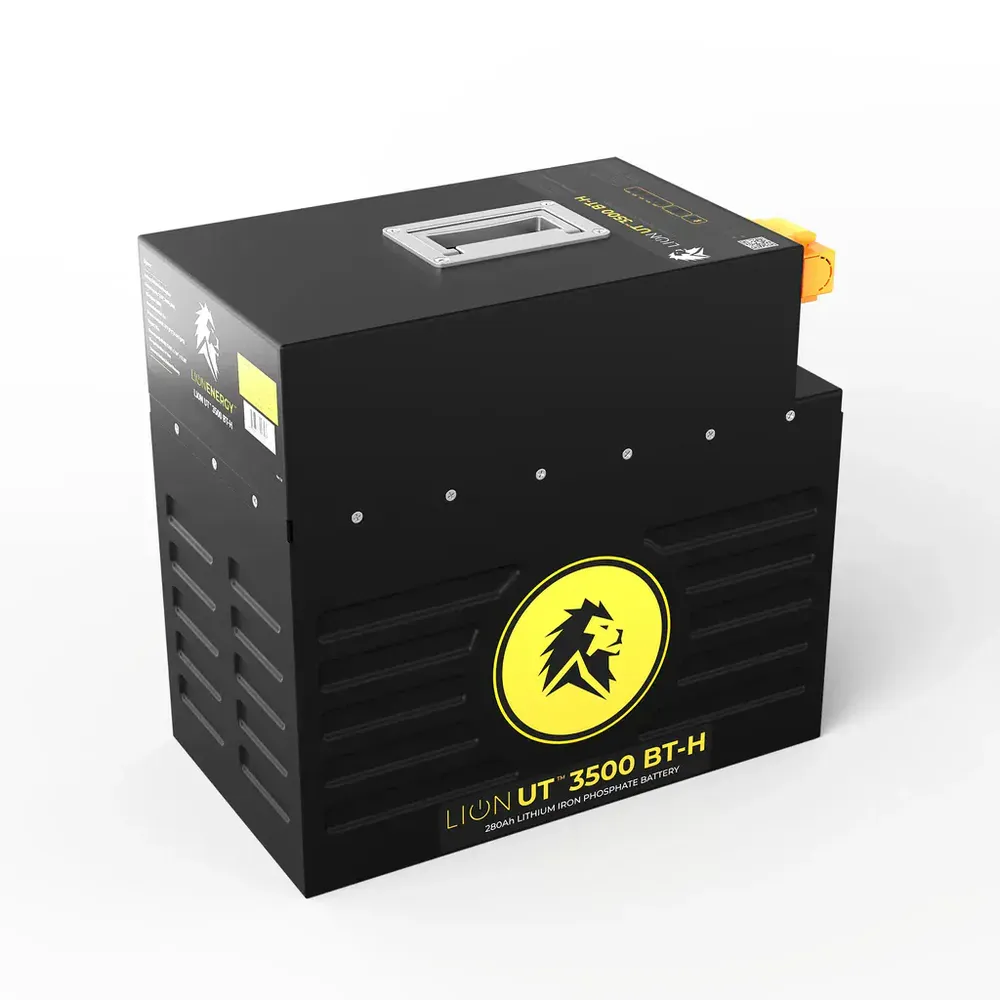 Angled view of Lion Energy UT 3500 BT-H 280Ah battery showing rugged black housing, recessed top handle, and side branding for off-grid energy storage