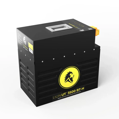 Angled view of Lion Energy UT 3500 BT-H 280Ah battery showing rugged black housing, recessed top handle, and side branding for off-grid energy storage