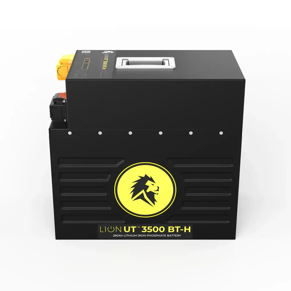 Top-front view of Lion Energy UT 3500 BT-H battery with built-in handle, yellow connector port, and black power connection port on a light gray background