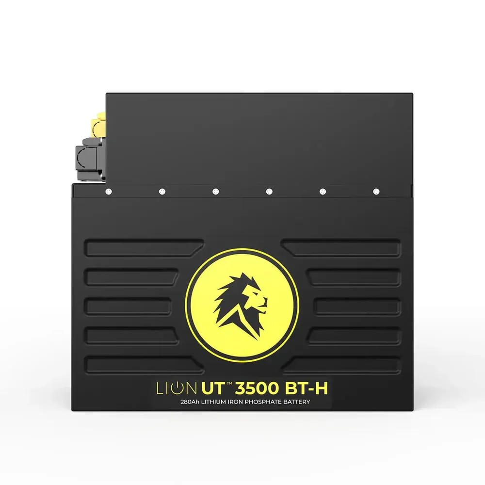 Lion Energy UT 3500 BT-H 280Ah lithium iron phosphate battery front view, black high-capacity battery with yellow lion logo branding on a light gray studio background