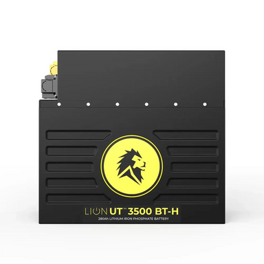 Lion Energy UT 3500 BT-H 280Ah lithium iron phosphate battery front view, black high-capacity battery with yellow lion logo branding on a light gray studio background