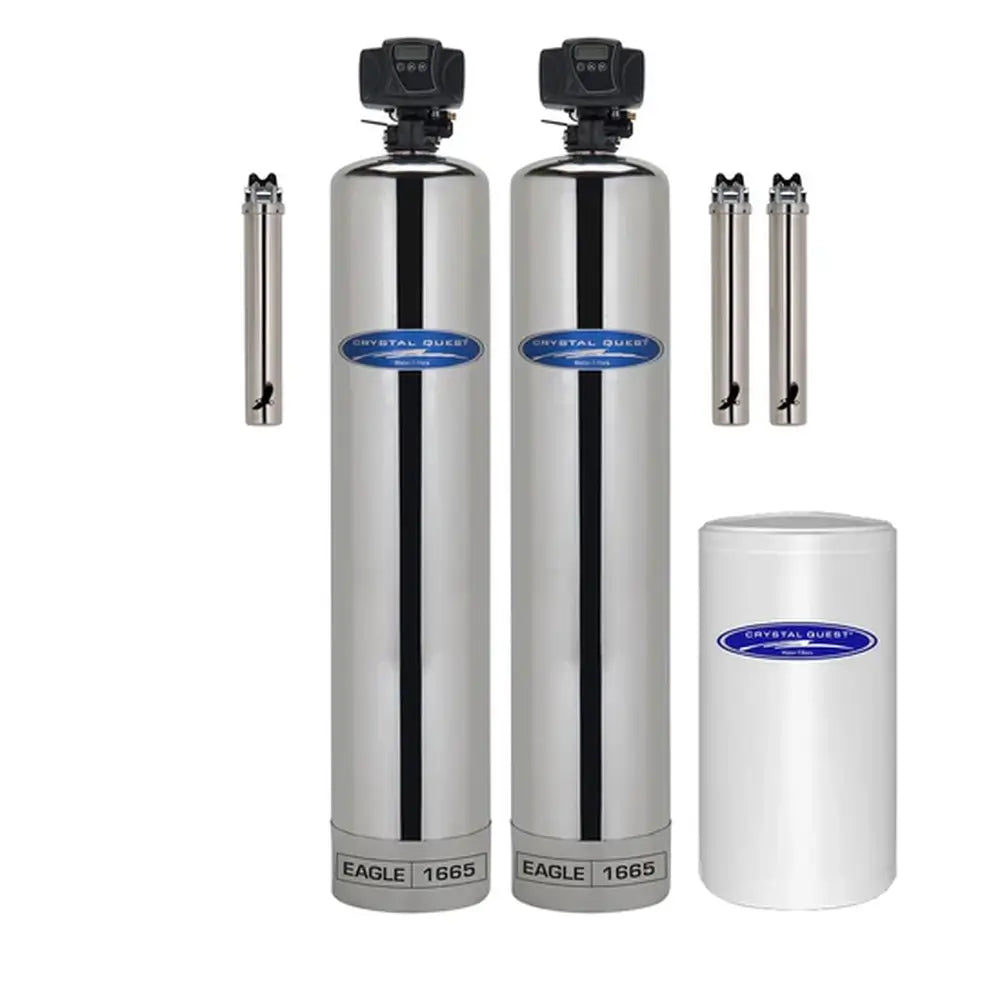 Premium Crystal Quest Eagle 1665 Stainless Steel Whole House Water Filter and Softener combo system with white brine tank.